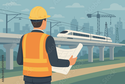 Back view of an industrial engineer in a hard hat checking a high-speed railway construction site. Project manager with blueprints watching a train. Urban infrastructure development. Vector.