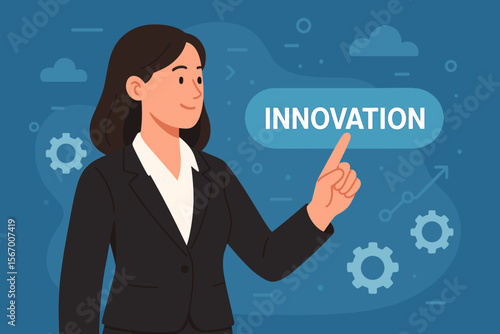 Businesswoman hand touches the innovation button. Business concept of new ideas, strategy, technology, and development. Modern flat cartoon vector illustration for web or presentation.