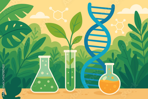 Biology laboratory concept with DNA and plant in test tube. Biochemistry, biotechnology, and genetic engineering research. Science experiment in nature jungle background. Modern flat vector.