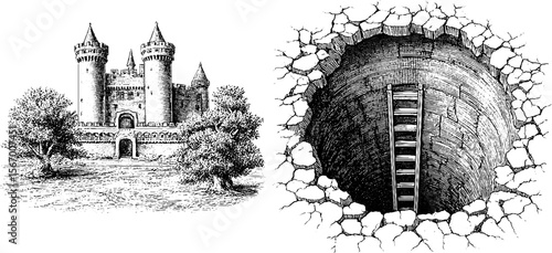 Vintage castle courtyard and ladder scene for retro design