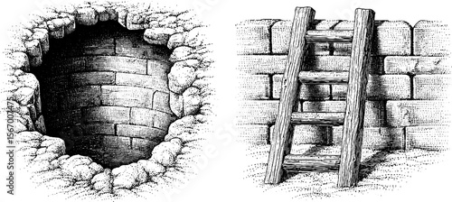 Vintage engraving of castle courtyard corner and ladder for design and decoration