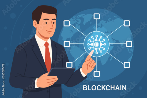 Fintech innovation concept. Businessman touching a blockchain network connection with a microcircuit icon on a global virtual screen. Cryptocurrency, security, future. Cartoon vector.