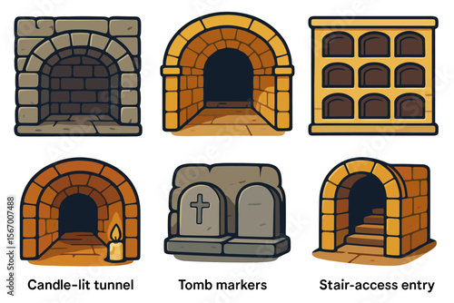 Ancient catacomb elements: tunnels, tomb markers, stair-access entry vector icon isolated illustration