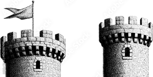 Medieval castle towers with flags and arrow slits in vintage dotwork style