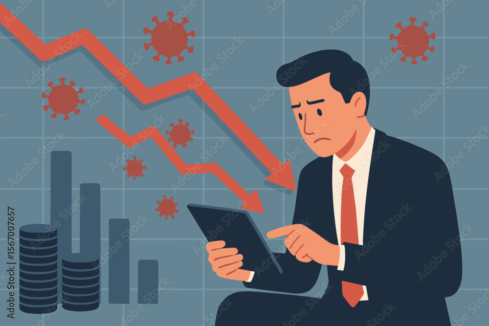 Economic crisis concept. Worried businessman analyzing falling sales data on a tablet. Stock market crash and financial recession graph caused by the coronavirus COVID-19 pandemic. Economic crisis concept. Worried businessman analyzing falling sales data on a tablet. Stock market crash and financial recession graph caused by the coronavirus COVID-19 pandemic.