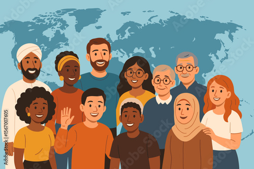 Diverse global community. Multicultural people on world map background. Concept of unity, international society, racial equality and togetherness. Cartoon vector illustration.