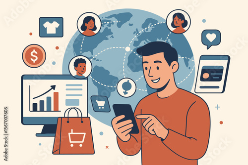 Man using smartphone for online shopping and global e-commerce. Digital marketing concept with customer network connection, mobile payments, data analytics and worldwide business.