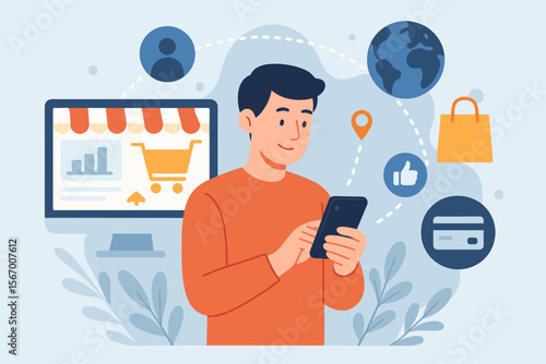 Man using smartphone for online shopping. E-commerce and digital marketing concept with mobile payments. Customer global network connection, data exchange, and modern retail tech.