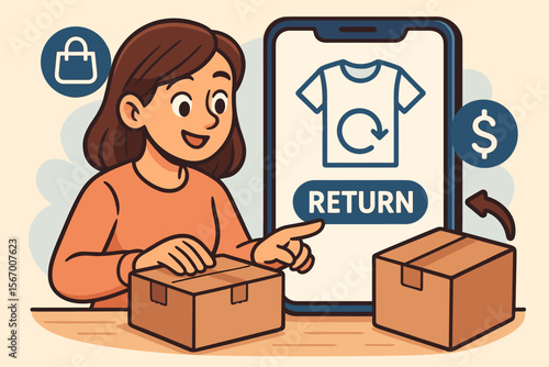 E-commerce product return concept. Woman using mobile app for easy online shopping returns and refunds. Customer satisfaction guarantee, shipping service, and logistics vector.