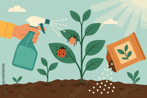 Plant care concept with hand spraying insecticide on leaves to eliminate pests and bugs. Person fertilizing soil with nutrients for plant growth. Gardening vector illustration.