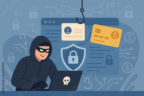 Hacker phishing for personal data and financial information. Cyber crime illustration of a scammer stealing credit card and ID. Internet security breach, online fraud, and malware concept.
