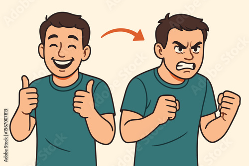 Mood swing concept. Man changes from happy to angry. Bipolar disorder metaphor. Emotional instability. Mental health psychology illustration. Personality change. Before after concept.
