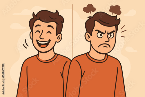 Mood swings concept showing a man with happy and angry emotions. Bipolar disorder metaphor. Emotional variability, split personality, and dual character. Psychology, mental health vector.