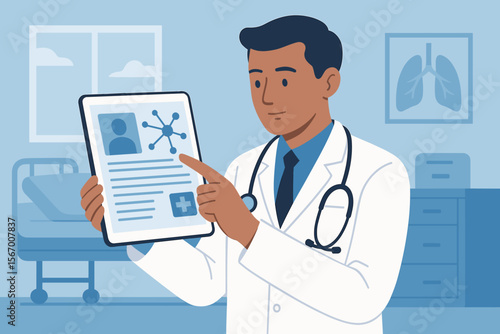 Doctor analyzing patient's electronic medical record (EMR) on a tablet in a hospital room. Healthcare technology, digital health, and telemedicine concept. Medical examination illustration.