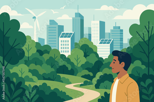 Green city concept with man in urban park admiring sustainable future. Eco-friendly metropolis with renewable energy, solar panels, wind turbine. Environment conservation, ESG, ecology.