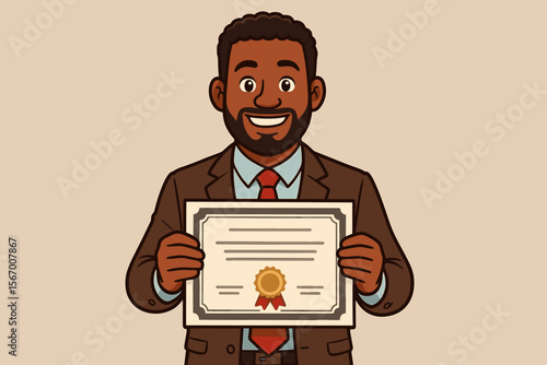 Happy Black businessman holding certificate of achievement. Proud professional man with diploma award. Concept of successful training, course completion, graduation, career skills.