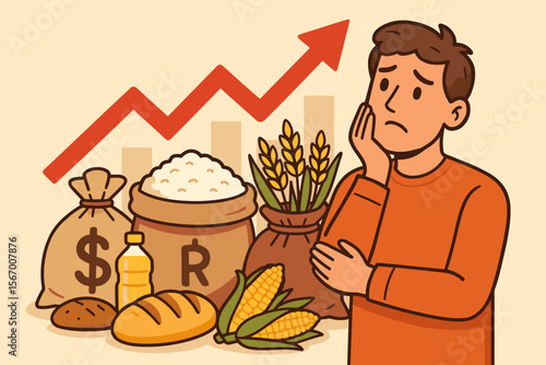 Global food price inflation impacting household budgets. Worried person with increasing commodity costs, essential goods, rising food prices, economic crisis, financial burden.