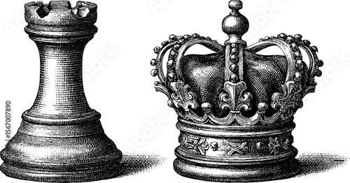 Vintage chess queen piece and regal crown in hand drawn dotwork style - ideal for artistic design