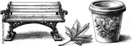 Vintage hand drawn city bench with paper cup and fallen leaf sketch for retro design
