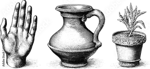 Vintage sketch of clay jug, handprint, and potted plant for retro design