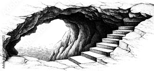 Cliffside stairway carved into cracked rock ledge with ocean view for retro design