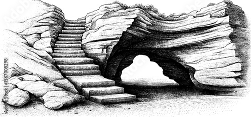 Vintage cliffside stairway and cracked ledge wall for design and inspiration