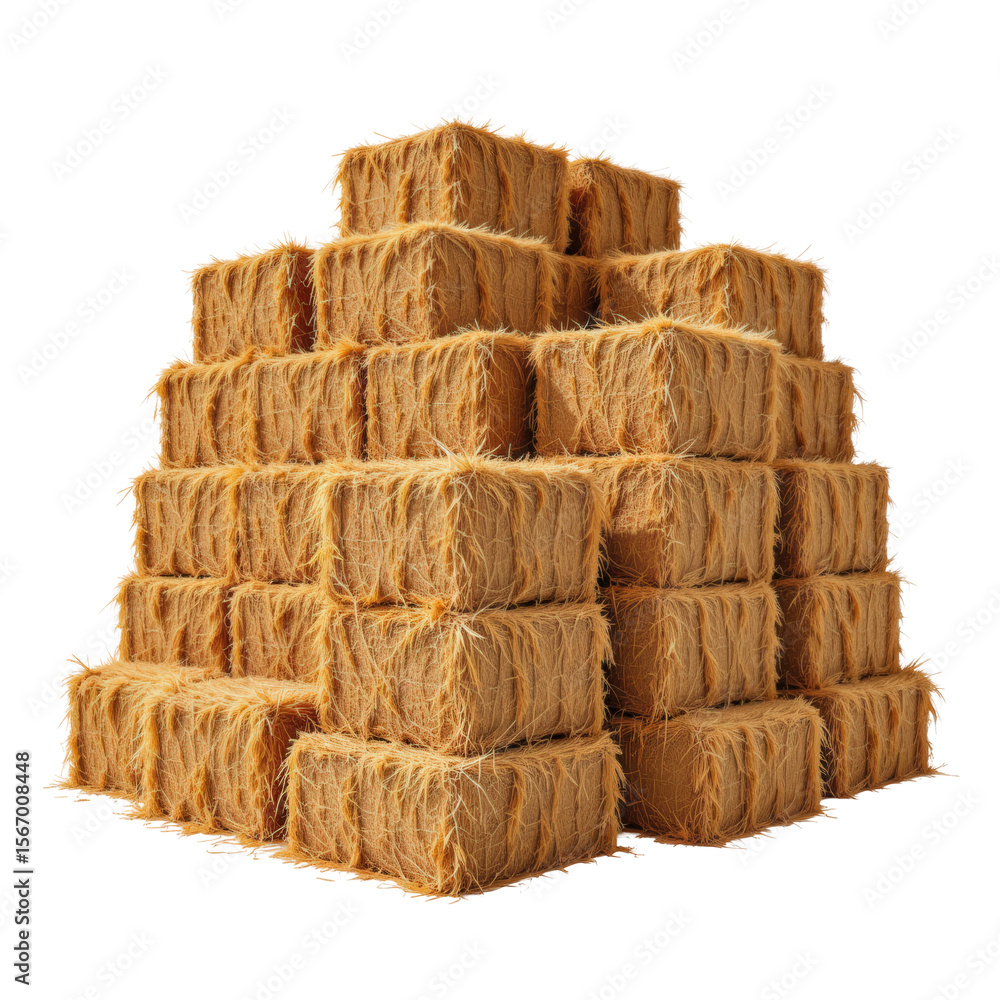 Fototapeta premium Stack of Fresh Hay Bales on White Background for Agricultural and Farm Concepts in Rural Settings
