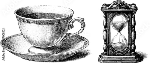 Vintage coffee cup and hourglass sketch for retro design and decor