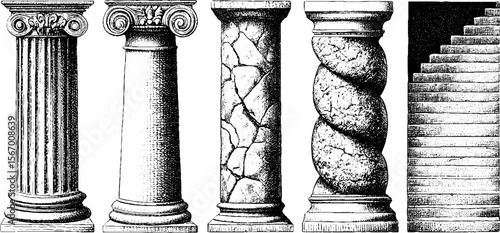 Antique marble and stone columns with missing capitals sketch for classical architecture design