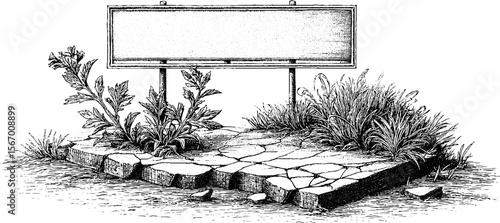 Vintage hand drawn cracked road slab with weeds and blank sign for design