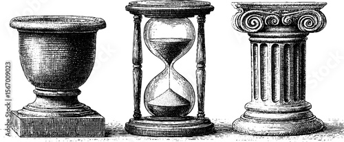Vintage hand-drawn sketch of hourglass and classic column for retro design