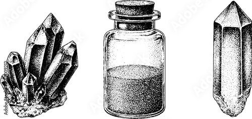 Magical crystal shards and potion bottle for fantasy design and decoration