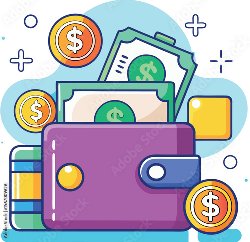 E-wallet icon with floating banknotes and card, flat vector