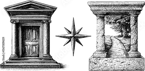 Vintage architectural doorway and path with star symbol sketch for classic design