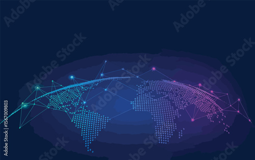 Global Vector Network: Connected World Map with Data Points, Technology, and Communication Grid.