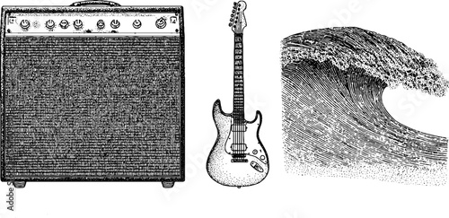 Vintage electric guitar, amplifier, and music wave design for posters and labels