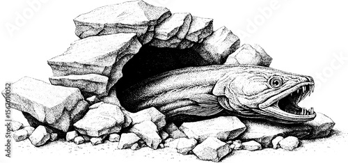 Fanged eel emerging from rocky tunnel in vintage hand drawn style for retro design