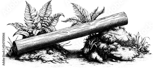 Vintage fern-choked passage with moss pile and twisted log illustration