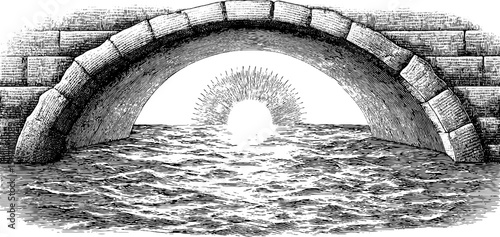 Vintage hand drawn bridge and water passage with sun silhouette