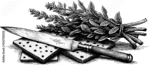 Vintage flatbread with herbs and bone handled knife engraving for culinary art designs