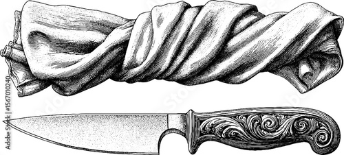 Vintage knife and folded apron sketch for culinary design