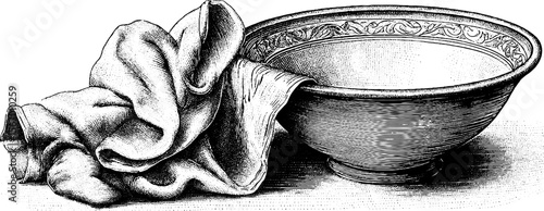 Vintage engraving of folded cloth with chipped dish for retro design