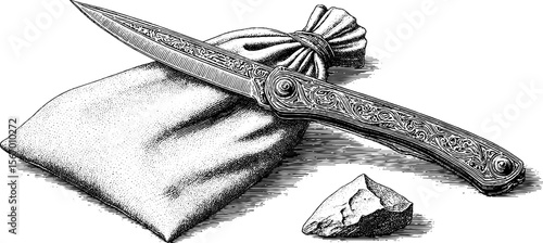 Vintage folding knife with leather pouch and flint engraving for outdoor adventure design