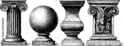 Vintage architectural elements with corinthian columns and ornamental sculptures