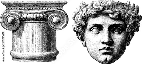 Classical architecture elements: gilded wall scroll and fluted column with ancient portrait