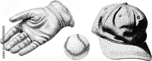 Vintage baseball glove, ball, and cap dotwork design for tattoo or retro print