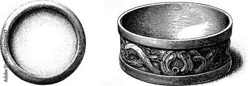 Vintage hand-drawn sketch of ornamental rings and circular box design