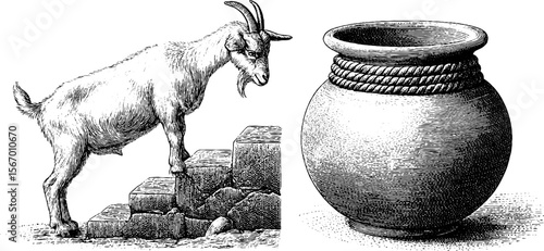 Vintage goat climbing ruined steps beside broken clay pot illustration
