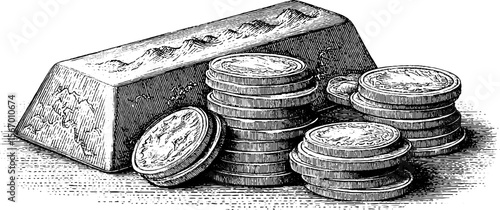 Vintage financial illustration of gold bar, coin stack, and financial chart for investment design