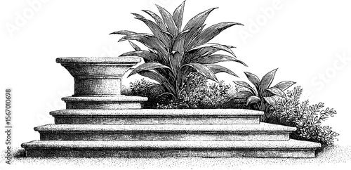 Vintage hand drawn illustration of grand foyer steps with plants design for interior decor